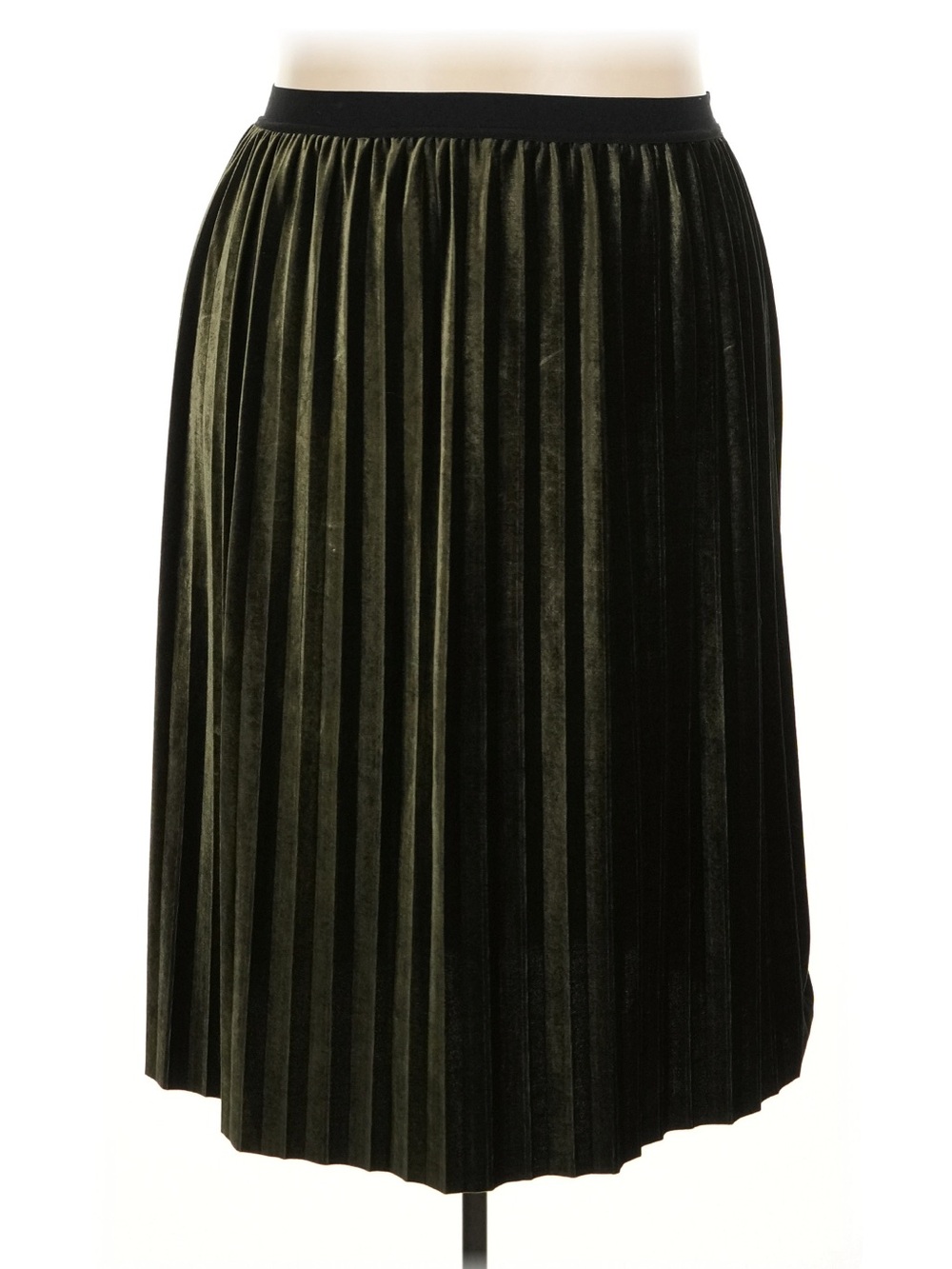 Pleated Velvet Midi Skirt in Dark Olive